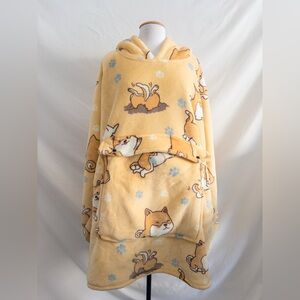 Oversized Shiba Inu Dog Blanket Hoodie Yellow Fleece Cozy Lounge Pullover